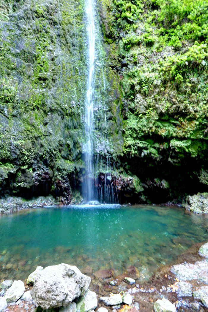 Acqua che cade da una parete rocciosa in un bacino d'acqua chiara